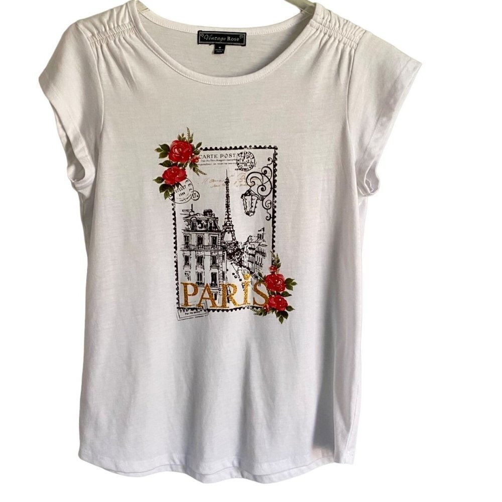 Vintage Rose Graphic Tee Shirt Top Paris Postcard Women's Medium NEW